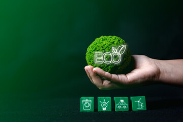 Contribute to environmental sustainability with a hand holding a green globe and eco symbol,...