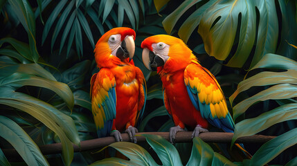 Obraz premium Parrots sit in the leaves of the palm tree. Two parrots in Brazil.