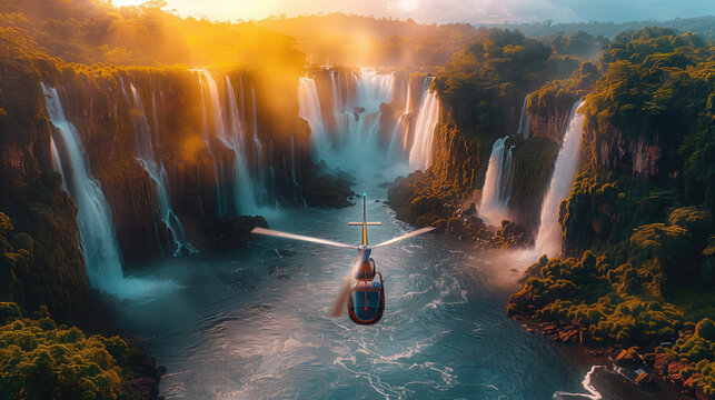The helicopter flies over the iguasu waterfall. Touring on Argentina by helicopter.