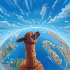 High above the earth, the alpaca gazed down at the world below with a sense of wonder , - obrazy, fototapety, plakaty