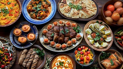 Fototapeta premium Lavish Eid al Adha Feast with Vibrant Middle Eastern Cuisine and Decorative Tableware