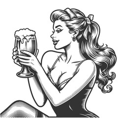 attractive pin-up style women with beer glass mug evoking classic Americana vibes sketch engraving generative ai fictional character vector illustration. Scratch board imitation. Black and white image