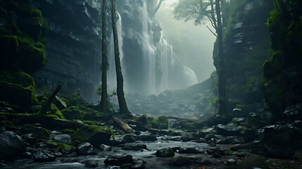 A cascading waterfall hidden within a dense, mist-covered forest.