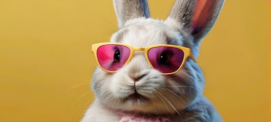 Cute fluffy rabbit and sunglasses on color background