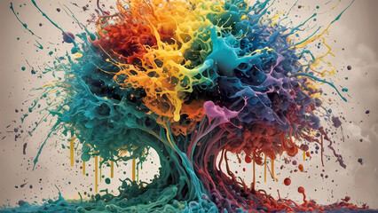 Árbol de la creatividad: un fondo abstracto donde las raíces de un árbol se entrelazan en una explosión de color y formas, pintando un retrato de la vida en movimiento - obrazy, fototapety, plakaty