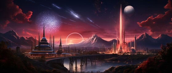A beautiful painting of a futuristic city with a red sky and a large moon. The city is full of tall buildings and there are mountains in the background. There is a river running through the city and t - obrazy, fototapety, plakaty