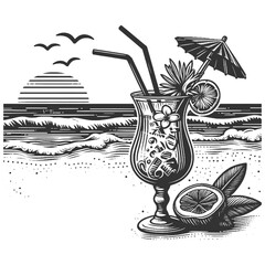 refreshing cocktail on a tropical beach with palm trees and exotic fruit sketch engraving generative ai vector illustration. Scratch board imitation. Black and white image. - obrazy, fototapety, plakaty