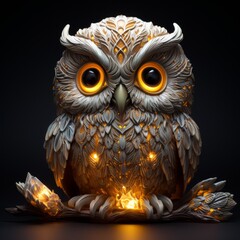 A 3d rendering of an owl made of stone with glowing yellow eyes and intricate patterns adorning its body, sitting on a branch. - obrazy, fototapety, plakaty
