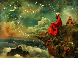 Moses parts a sea of stars, revealing a hidden temple where prophets from all faiths gather to share wisdom and prayers , - obrazy, fototapety, plakaty
