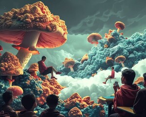 The classroom floats amidst the clouds, students perched on giant mushrooms, contemplating the meaning of life , - obrazy, fototapety, plakaty