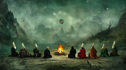 Prophets from different faiths gather around a campfire, sharing stories and parables that illuminate the common threads of human experience , - obrazy, fototapety, plakaty
