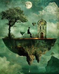 The classroom is a surreal landscape of floating islands, representing the fragmented nature of knowledge and the pursuit of truth , - obrazy, fototapety, plakaty