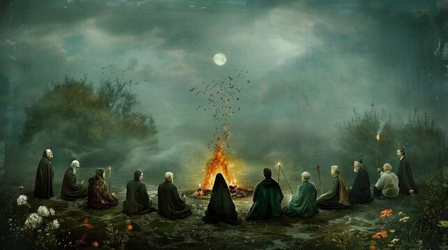 Prophets from different faiths gather around a campfire, sharing stories and parables that illuminate the common threads of human experience ,