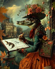A crocodile designer sketches out plans for a new line of luxury handbags, its creative vision fueled by primal instincts , - obrazy, fototapety, plakaty