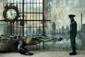 A crocodile security guard patrols the factory perimeter, ensuring the safety of valuable leather goods with its intimidating presence , - obrazy, fototapety, plakaty
