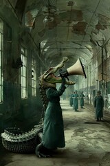 A crocodile with a megaphone announces shift changes, its booming voice echoing through the cavernous factory , - obrazy, fototapety, plakaty