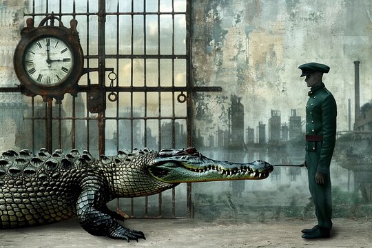 A crocodile security guard patrols the factory perimeter, ensuring the safety of valuable leather goods with its intimidating presence ,