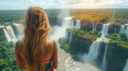 The girl examines the Iguas waterfall from a height. Traveling in Brazil. Girl with her back on a sunny day. - Powered by Adobe