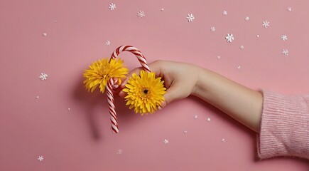 Obraz na płótnie Canvas Candy canes on a pink background adorned with snowflakes, Hand reaching for yellow flower on pink background. a festive and whimsical scene.
