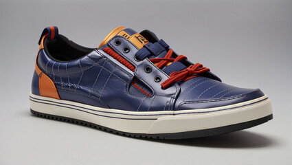 A blue and brown sneaker with velcro straps.


