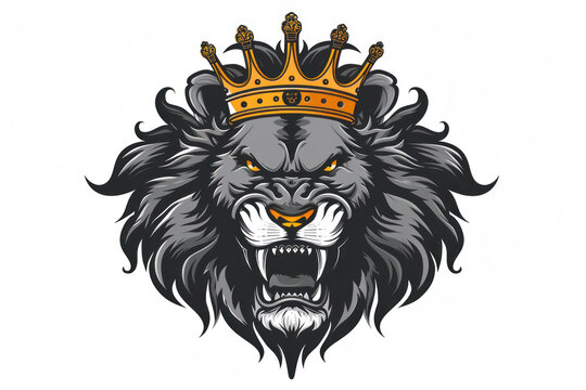 recommend clip art: angry lion head with crown illustration on a white background. illustration of a black and gray roaring royal king or queen cat mascot character for an emblem, print t-shirt design.