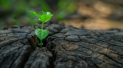 Regeneration from the Roots, Young Tree Sprouts from a Stump,  Symbol of Resilience in a New Shoot, Nature's Phoenix , showing new generation with heredity, conceptual image - obrazy, fototapety, plakaty
