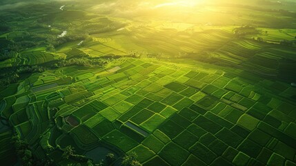 An aerial view capturing the tranquil beauty of rice paddies at sunset, with the paddies glowing in vibrant greens against a dusky sky. The layout shows harmonious symmetry and natural artistry