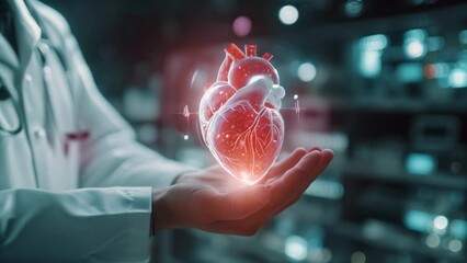The doctor cardiothoracic surgeon examines the patient's heart condition using a futuristic holography. Concept of medicine, doctors, future, holograp