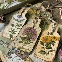 Vintage Botanical Tags with Floral Illustrations Clipart