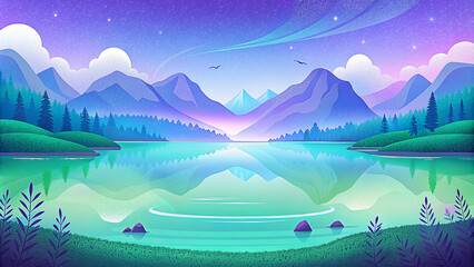 Fototapeta na wymiar Illustration of tranquil lake with mountains full harmony atmosphere