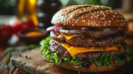Savor the decadent flavors of gourmet burgers featuring char-grilled beef, melted cheese, and...