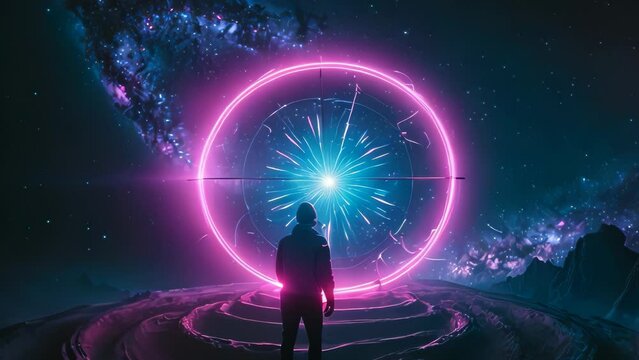 Video animation of solitary figure standing before a radiant, circular portal that emits a neon pinkish purple glow