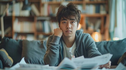 An Asian man is feeling overwhelmed as he sits on the couch calculating his expenses at home, struggling to find the funds to pay his mortgage or loan, facing potential debt and bankruptcy.