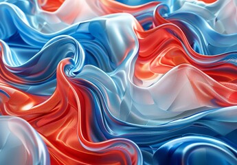 An emerging trend showcases tranquil wave motifs blending with vibrant red and blue fabric textures, depicted through illustrations and 3D renders. - obrazy, fototapety, plakaty