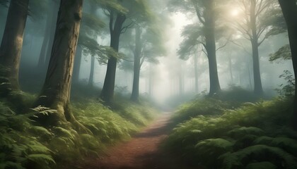 Mysterious-Foggy-Forest-With-Towering-Trees-And-H- - obrazy, fototapety, plakaty
