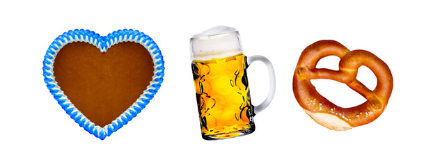 Oktoberfest Lebkuchenherz Bier und Brezel isoliert auf weissem Hintergrund