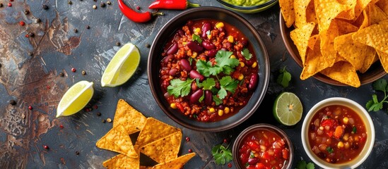 Mexican cuisine theme featuring tortilla chips, guacamole, salsa, chili with beans, and fresh ingredients set against a weathered metal backdrop. Seen from above. - obrazy, fototapety, plakaty