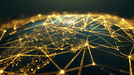 This portrayal showcases interconnected golden lines and dots, depicting a high-speed data transfer system on a global scale. in a stunning visual representation.