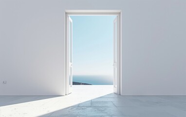 White Double Doors Open to Outdoor View on White Wall - illustration of Freedom, Escape from Confinement, Entry to New Opportunities.