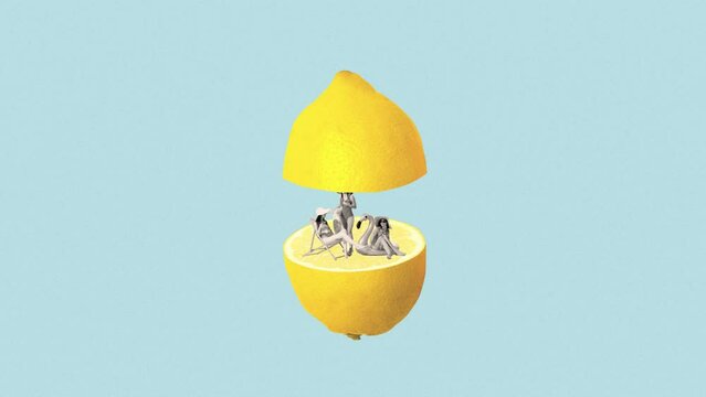 Stop motion. Animation. Three stylish woman chilling on lemon beach isolated over blue background. Concept of summer, mood, creativity, imagination, travelling, vacations, party, fun. Ad