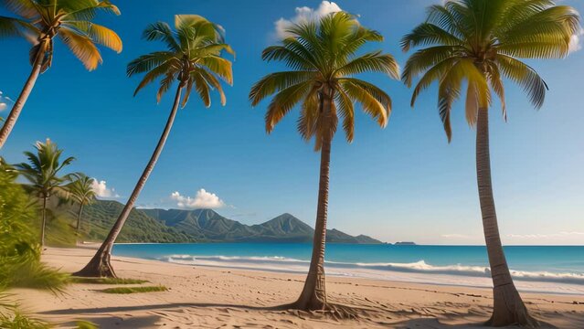 Video animation of pristine sandy beach with clear blue skies. Several tall palm trees with lush green fronds sway gently in the breeze.