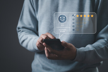 businessman give rating to service experience on online application, Customer review satisfaction...