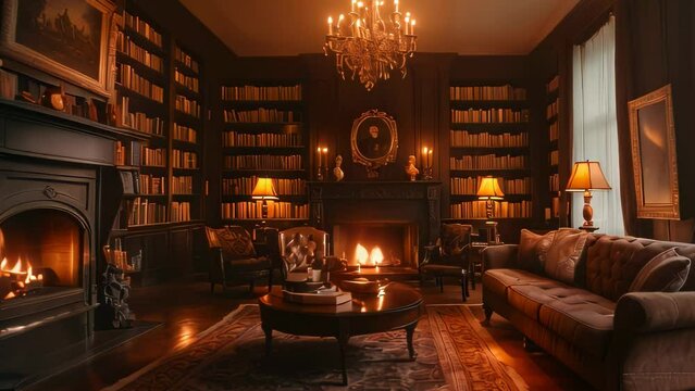 Video animation of cozy library lounge with a lit fireplace that adds a warm ambiance to the room. There are bookshelves filled with books, and comfortable seating arrangements such as sofas and armch