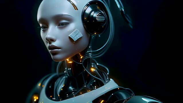 Elegant female robot in smooth motion, Beautiful science fiction robotic model enjoy the music wearing headphones. Flowing isolated on black background. Fashion techno visuals concept. 