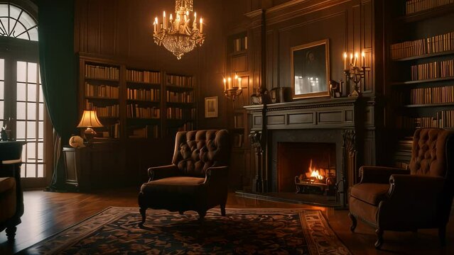 Video animation of depicts an interior setting that resembles a classic library or study room. lit fireplace is at the center of the room, providing a warm ambiance.