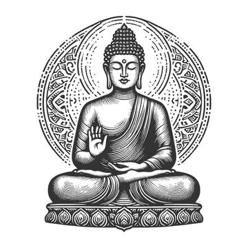 serene Buddha statue sitting in a meditative pose with a peaceful expression sketch engraving generative ai fictional character vector illustration. Scratch board imitation. Black and white image.