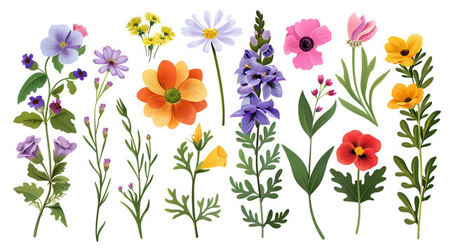 A Set of Garden Flowers On a White Background