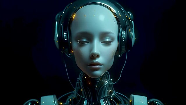 Elegant female robot in smooth motion, Beautiful science fiction robotic model enjoy the music wearing headphones. Flowing isolated on black background. Fashion techno visuals concept. 
