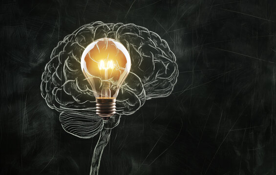 Light bulb in a chalk drawing of a brain. Idea concept. Ai