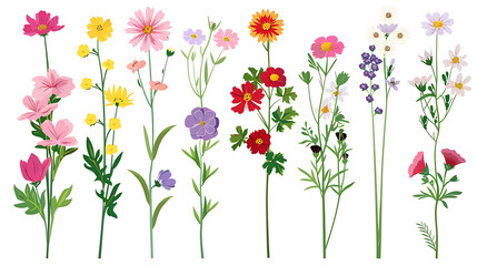 A Set of Garden Flowers On a White Background